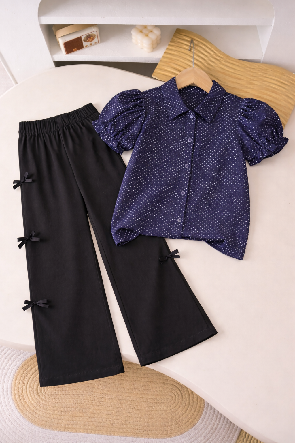 Girls Puff Sleeve Shirt with Straight-Leg Pants Co-Ord Set | 4-7 Years