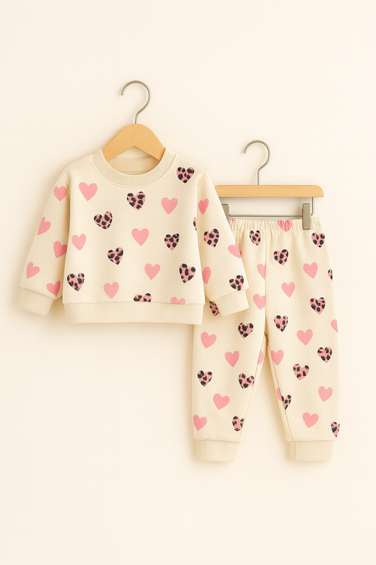 Girls Heart Print Tracksuit – Leopard & Pink Love Set Fleece | 3-7 Years