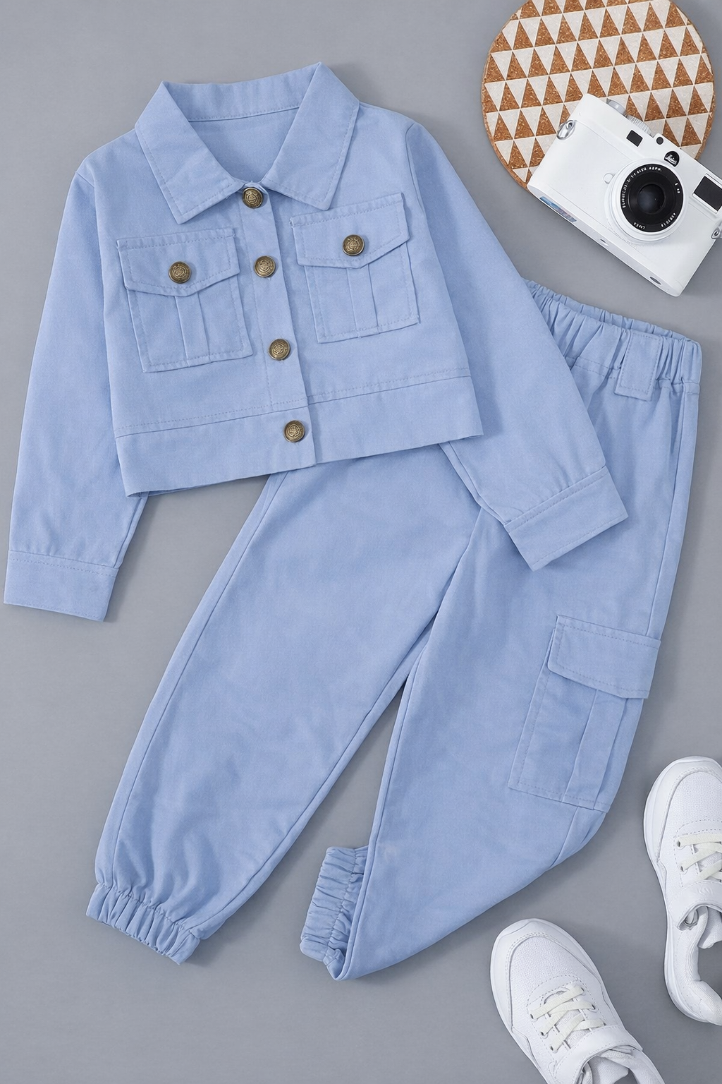 Boy/Girl Powder Blue Twill Cotton Utility Jacket Co-Ord Set | 4-7 Years