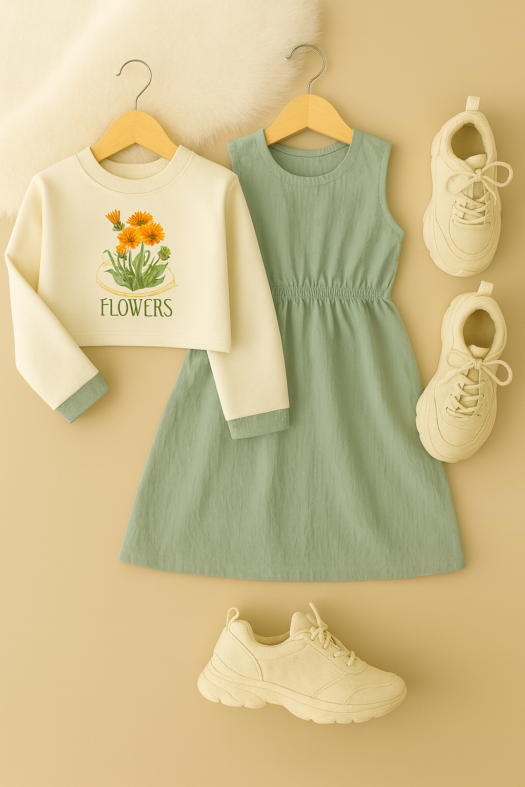 Floral Print Cropped Sweatshirt with Muslin Green Frock – 2 Piece Set | 4-7 Years
