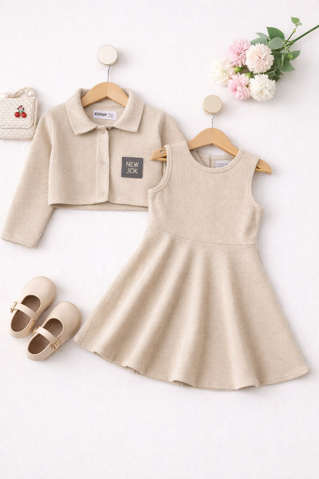 Warm Beige Ribbed Frock with Cropped Layer | 4-7 Years