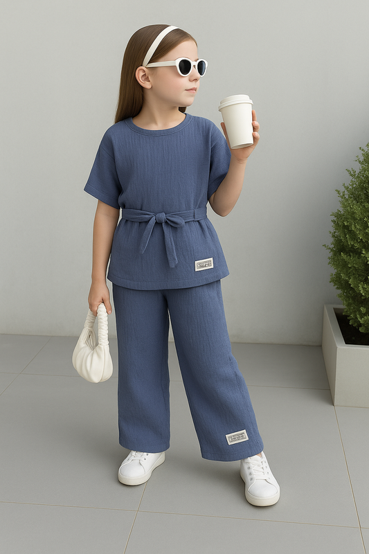 Girls’ Two-Piece Muslin Textured Co-Ord Set – Navy Blue | 4-7 Years