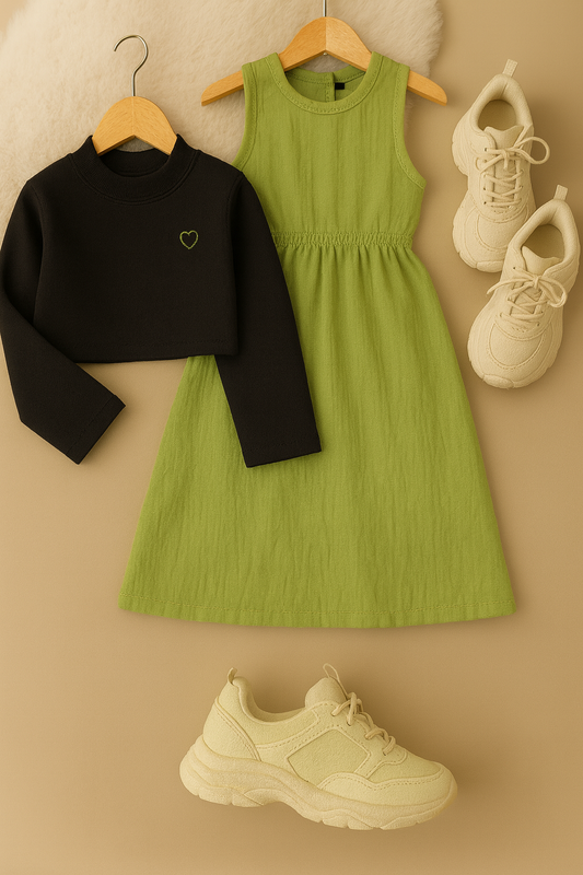 Girls’ Two-Piece Muslin Dress & Heart Sweatshirt Set – Olive Green & Black | 4–7Years
