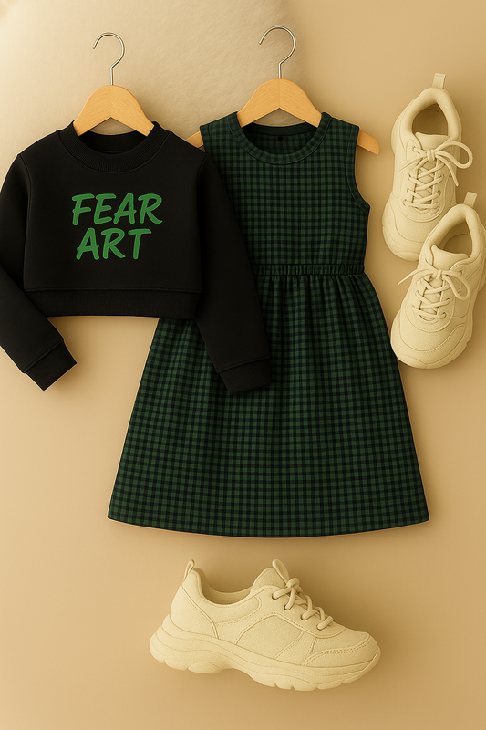 Girls’ Two-Piece Popcorn Check Dress & “FEAR ART” Sweatshirt Set – Deep Green & Black | 4-7 Years