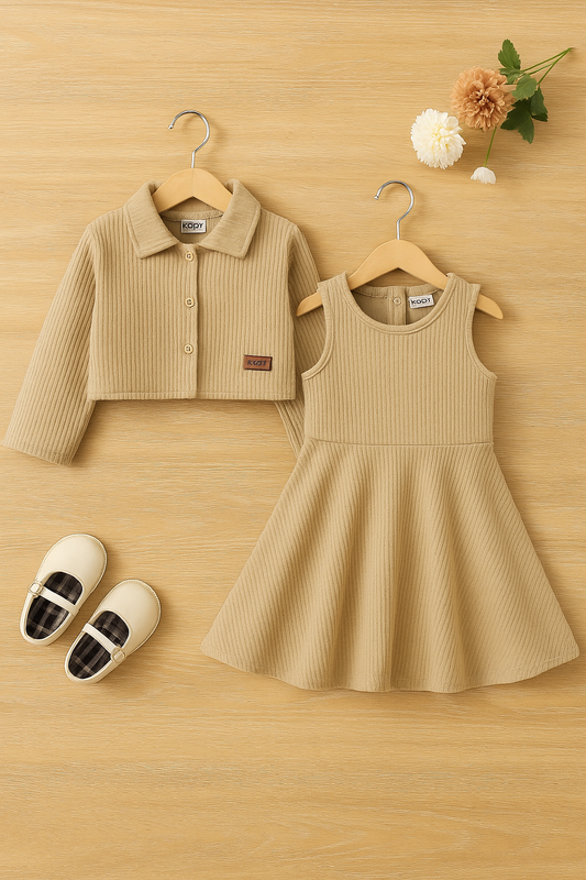 Girls’ Two-Piece Ribbed Dress & Coat Set – Coffee Brown | 4-7 Years