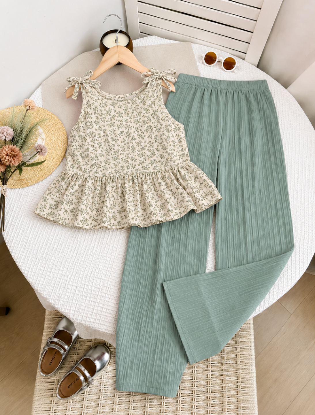 Girls Floral Peplum Top & Textured Stripe Trouser Set | 4-7 Years