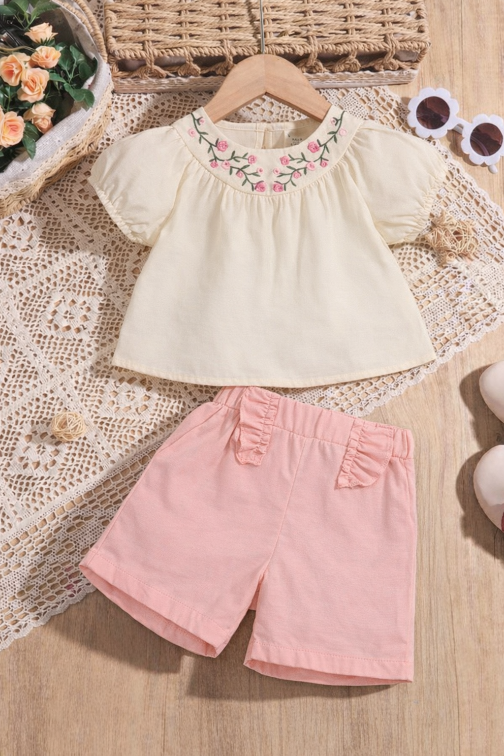 Baby Girls Floral Embroidered Top & Ruffle Shorts Set | 1-3 Years