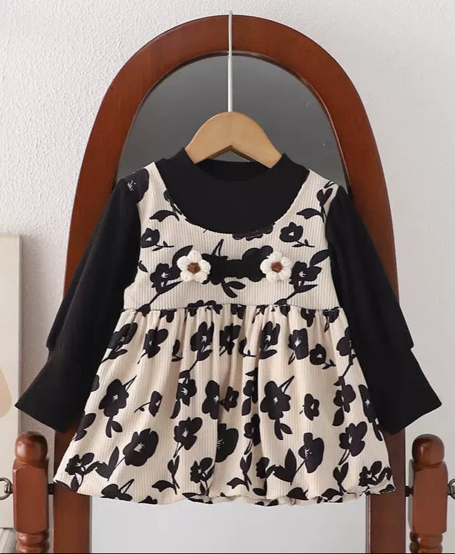 Baby Girl Long Sleeve Black Top with Beige Floral Pinafore Dress | 1-3 Years