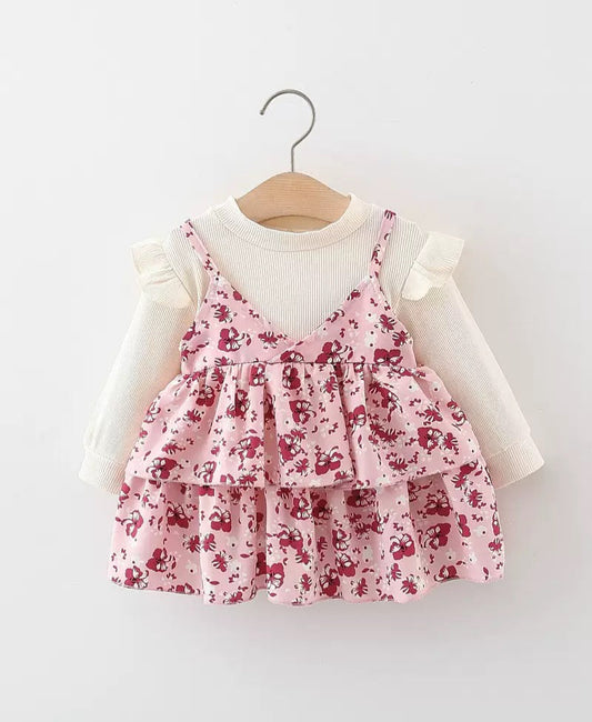 Floral Tiered Frock with Ribbed Sleeve Top for Baby Girls | 6 Month to 3 Years