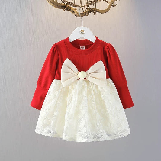Baby Girl Party Frock – Red Top with Cream Lace Skirt & Bow | 1-4 Years