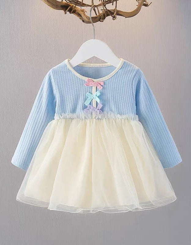 Baby Girl Blue Ribbed Top Tulle Dress with Pastel Bow Accents – Long Sleeve One-Piece Party Outfit