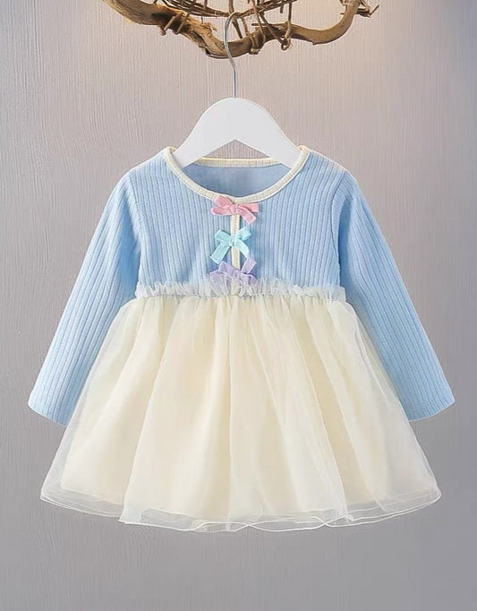 Baby Girl Blue Ribbed Top Tulle Dress with Pastel Bow Accents – Long Sleeve One-Piece Party Outfit