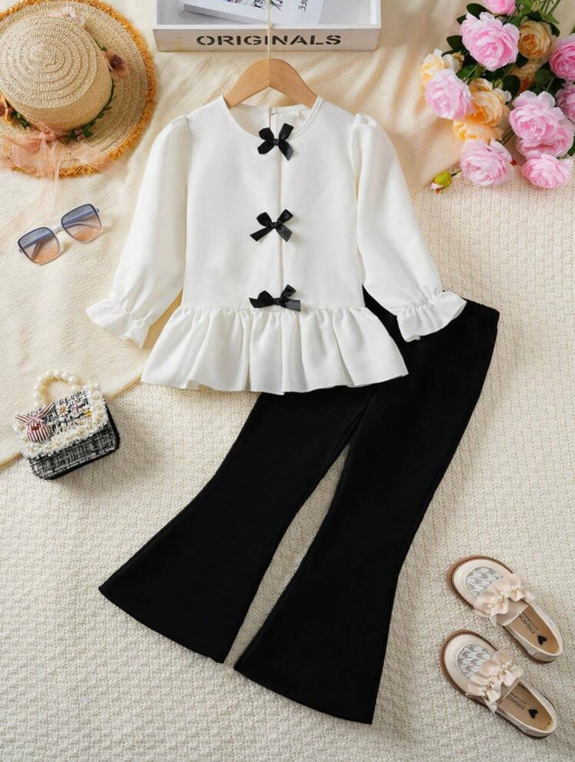 Girls’ Elegant White Peplum Top & Black Flared Pants Set | Bow Detailing | 4-7 Years