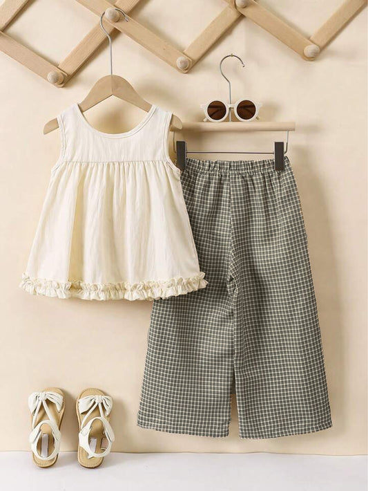 Treding Outdoor wear Suit casual Sleeveless top and Plaid Pant | 4-7 Years