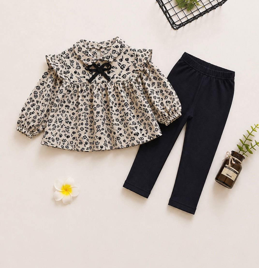 Girls 2-Piece Printed Ruffle Top & Leggings Set – Black & Beige | 4-7 Years