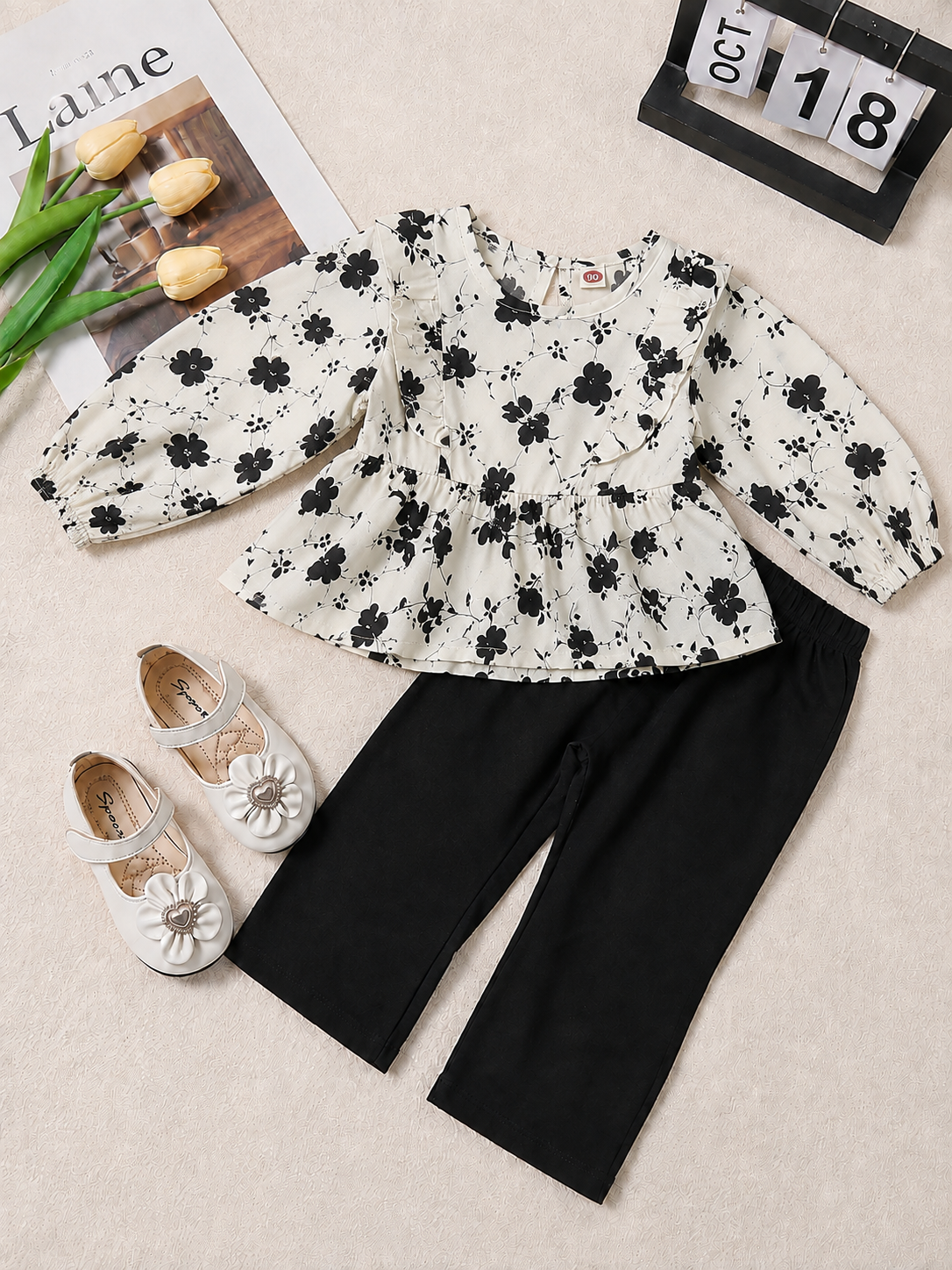 Black & White Floral Peplum Top with Palazzo Pants Set for Girls | 4-7 Years