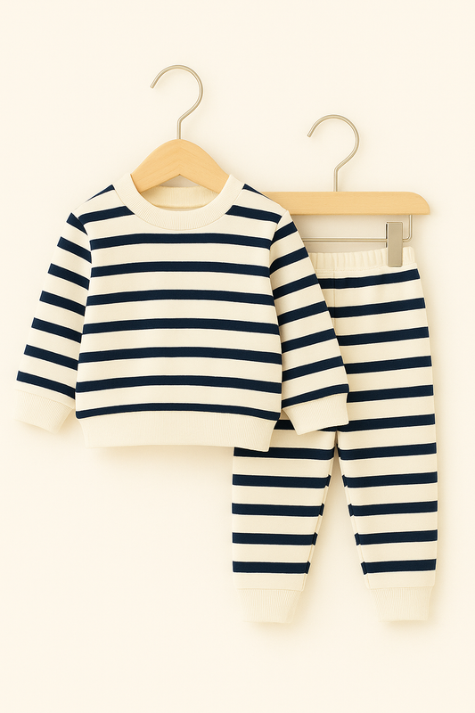 Black & White Striped Kids Co-Ord Set – Soft Cotton Sweatshirt + Jogger Pants | 3-7 Years
