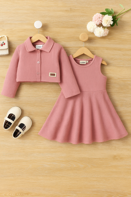 Girls’ Two-Piece Ribbed Dress & Coat Set – Dusty Pink | 4-7 Years