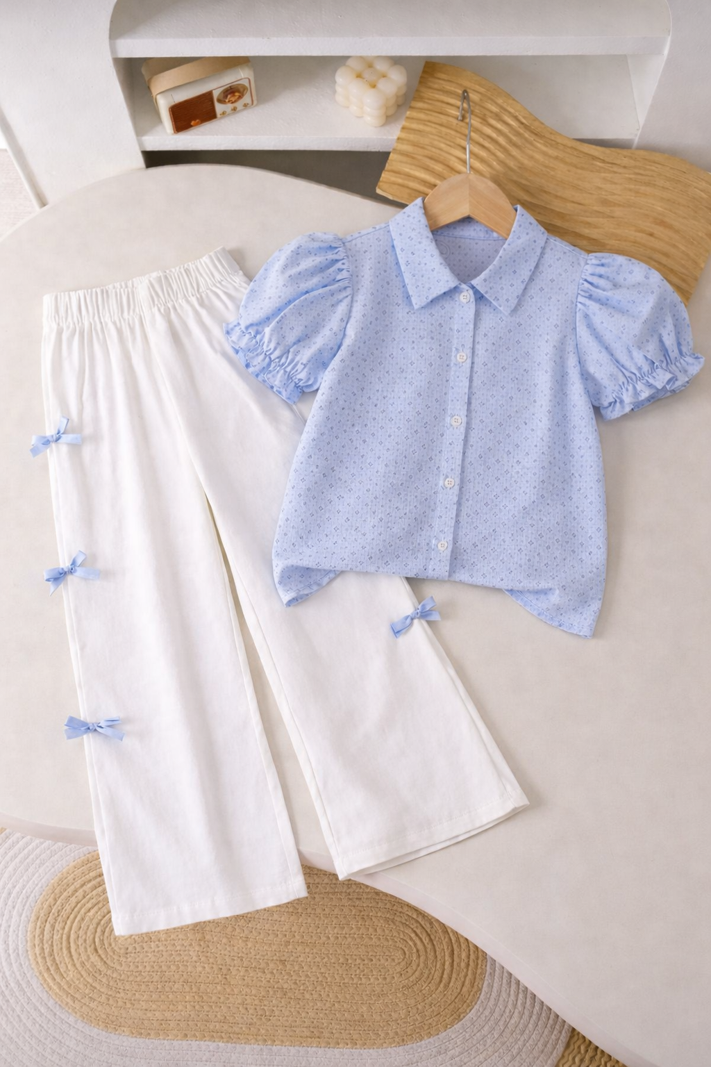 Girls Puff Sleeve Shirt with Straight-Leg Pants Co-Ord Set | 4-7 Years