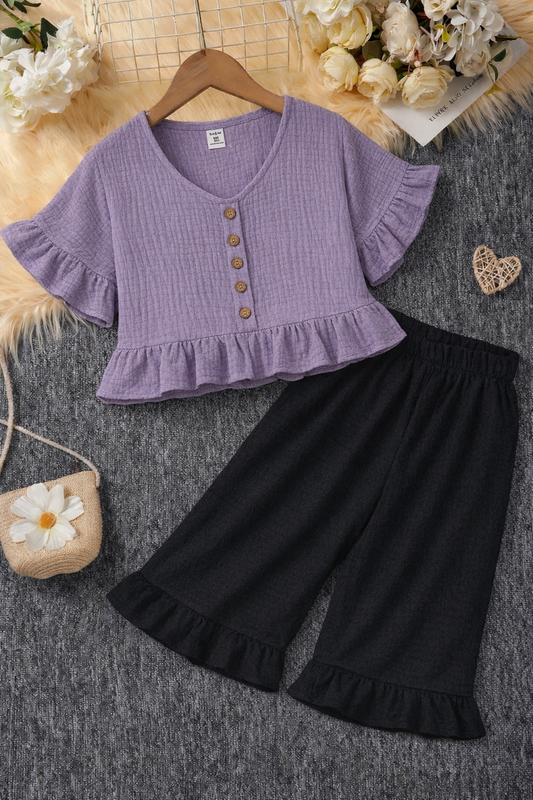 Girls Textured Peplum Top with Wide-Leg Pants – 2 Piece Set | 4-7 Years