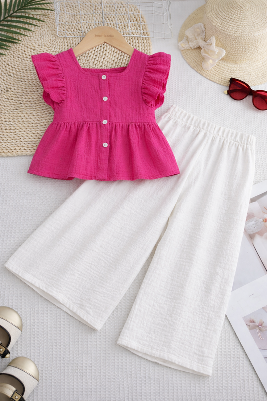 Girls Ruffle Sleeve Top with Wide-Leg Pants Co-Ord Set | 4-7 Years