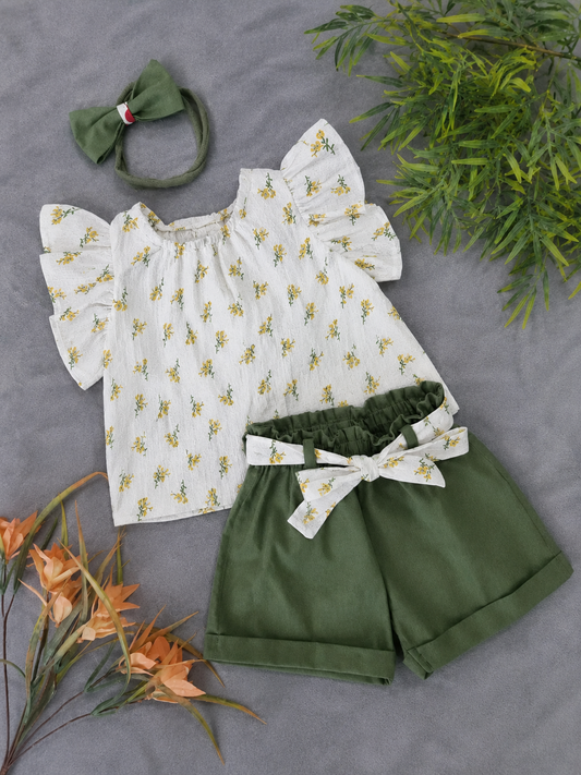 Baby Girl Olive Bloom Co-Ord Set with waistband | 1-3 Years