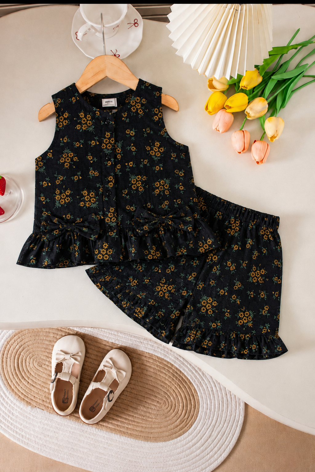 Girls Floral Peplum Top & Ruffle Shorts Co-Ord Set – Black | 1-3 Years