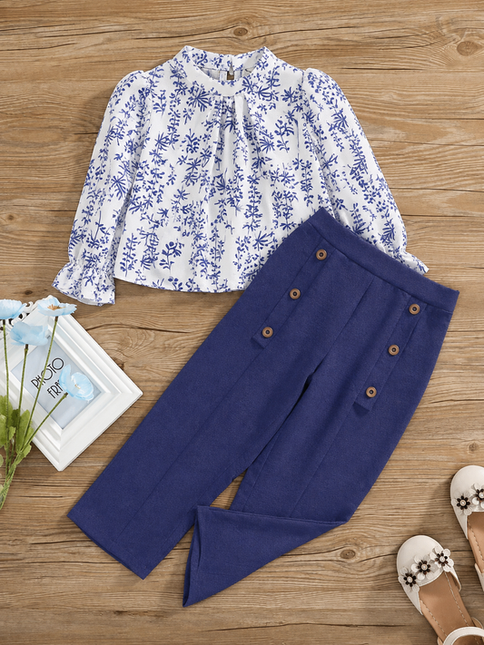 Girls 2-Piece Printed Top & Wide-Leg Trouser Set – Blue Floral | 4-7 Years