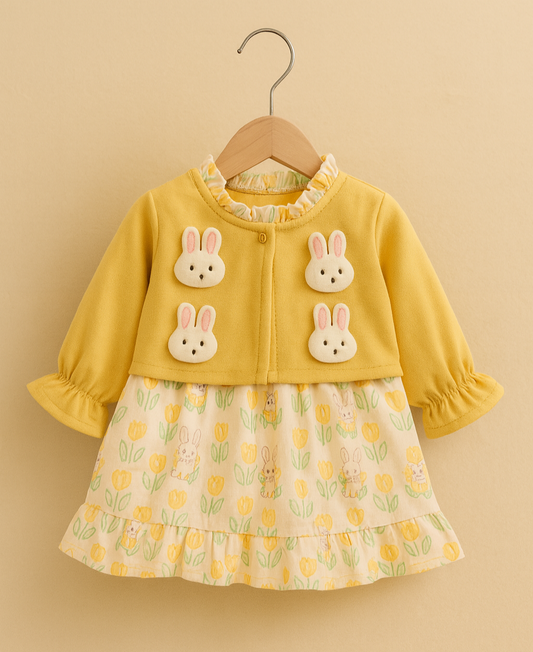 Baby Girl Yellow Bunny Appliqué Tulip Print Dress – One-Piece Spring Outfit | 1-4 Years