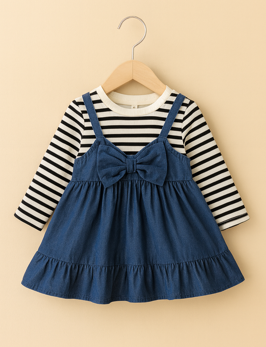 Baby Girl Striped Top with Denim Bow Dress – Long Sleeve Outfit | 1 Year to 4.5 Years