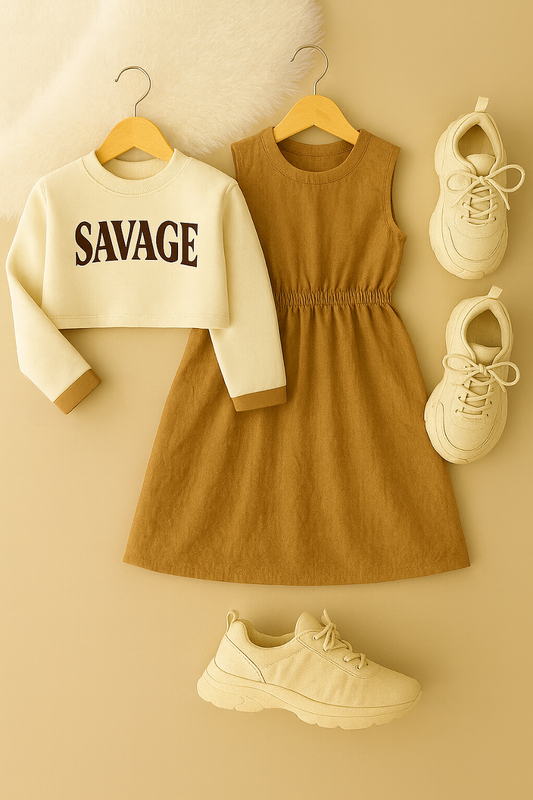 Muslin Sleeveless Frock with Cropped Printed Sweatshirt – 2-Piece Set | 4-7 Years