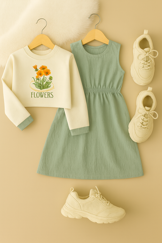 Floral Print Cropped Sweatshirt with Muslin Green Frock – 2 Piece Set | 4-7 Years