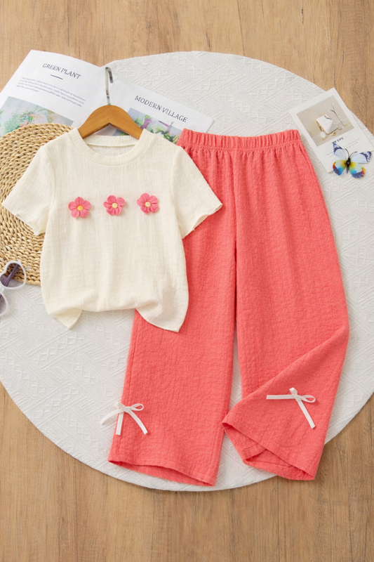 Girls Muslin Ruffle Sleeve Top & Wide-Leg Pants Co-Ord Set | 4-7 Years