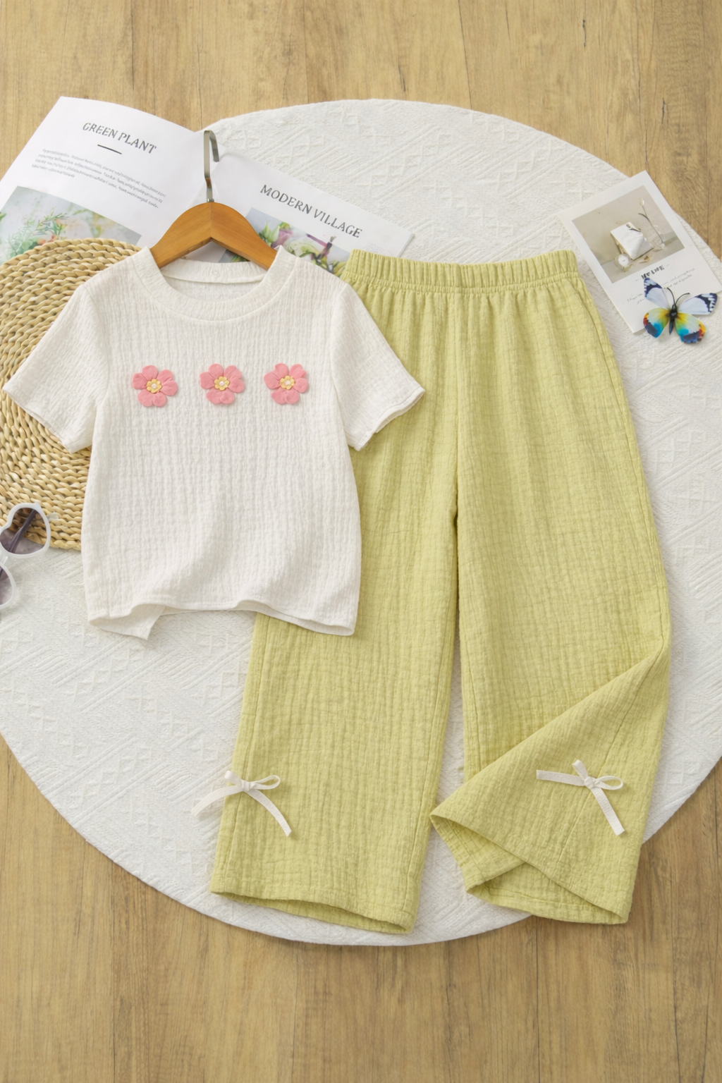 Girls Muslin Ruffle Sleeve Top & Wide-Leg Pants Co-Ord Set | 4-7 Years
