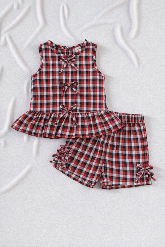Girls Red Check Sleeveless Peplum Top with Shorts | 1-3 Years
