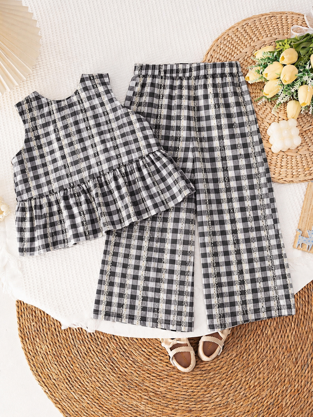Girls Black & White Check Peplum Co-Ord Set – Sleeveless Top & Wide Leg Pants | 4-7 Years