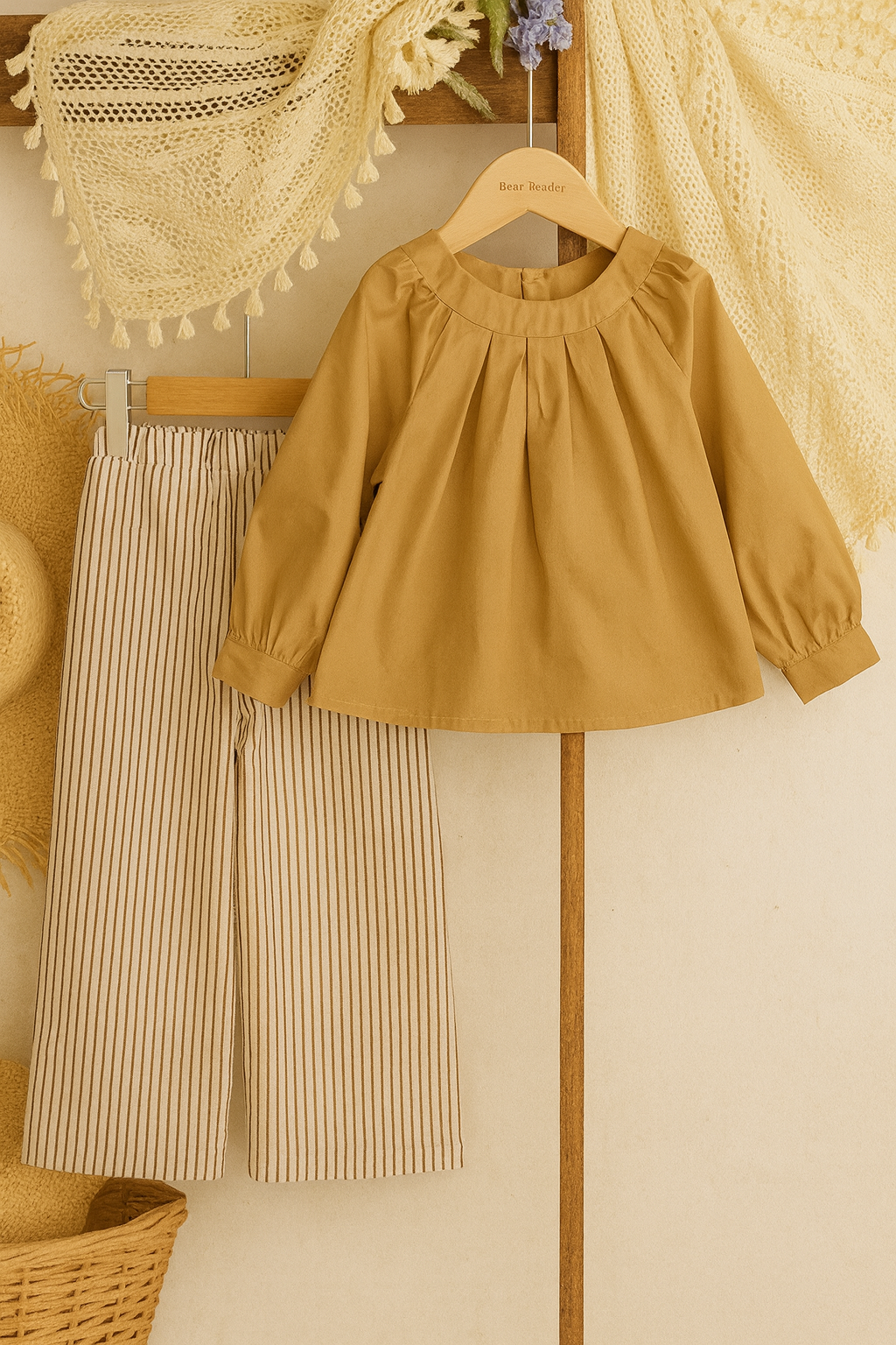 Kids Soft Cotton Gathered Top & Striped Trousers – Two-Piece Comfort Set