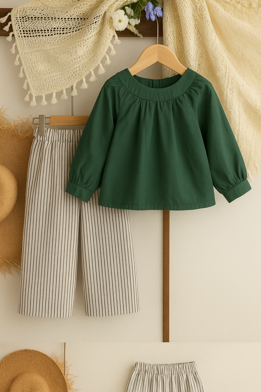 Kids Soft Cotton Gathered Top & Striped Trousers – Two-Piece Comfort Set