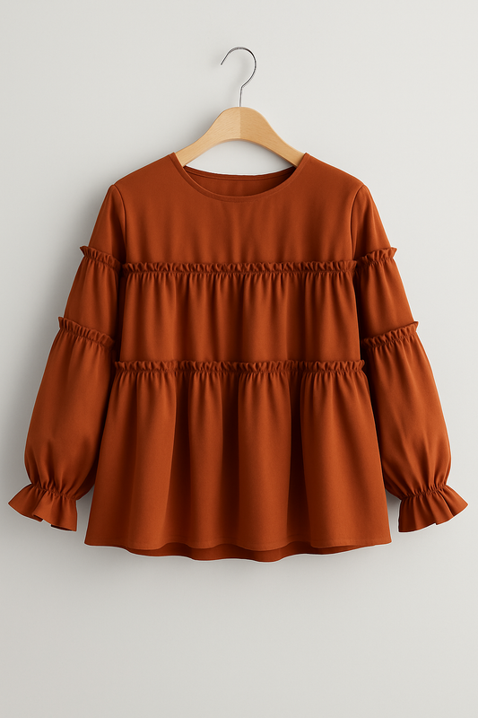 Girls’ Rust Brown Tiered Ruffle Top – Soft Crepe | 4-7 Years