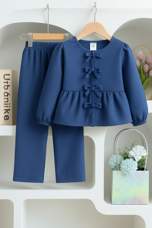 Girls’ Premium Scuba Crepe Navy Bow-Front Peplum Set | 4-7 Years