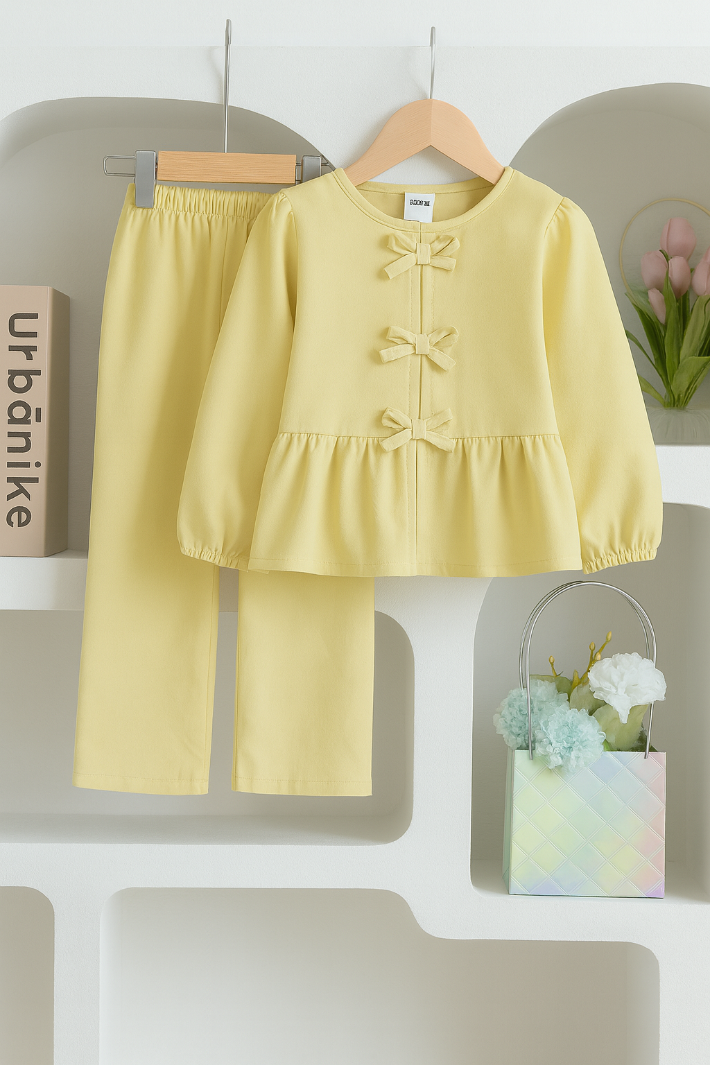 Soft Buttercream 3-Bow Peplum Top & Straight Pants Set | 4-7 Years