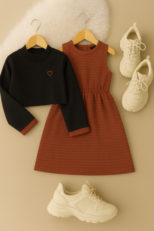 Girls’ Two-Piece Textured Dress & Heart Sweatshirt Set – Rust Brown & Black | 4–7 Years