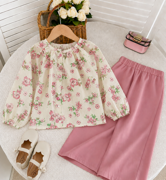 Girls Floral Printed Top with Solid Pink Wide-Leg Pants – 2 Piece Summer Set | 4-7 Years