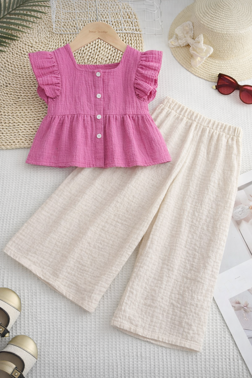 Girls Ruffle Sleeve Top with Wide-Leg Pants Co-Ord Set | 4-7 Years