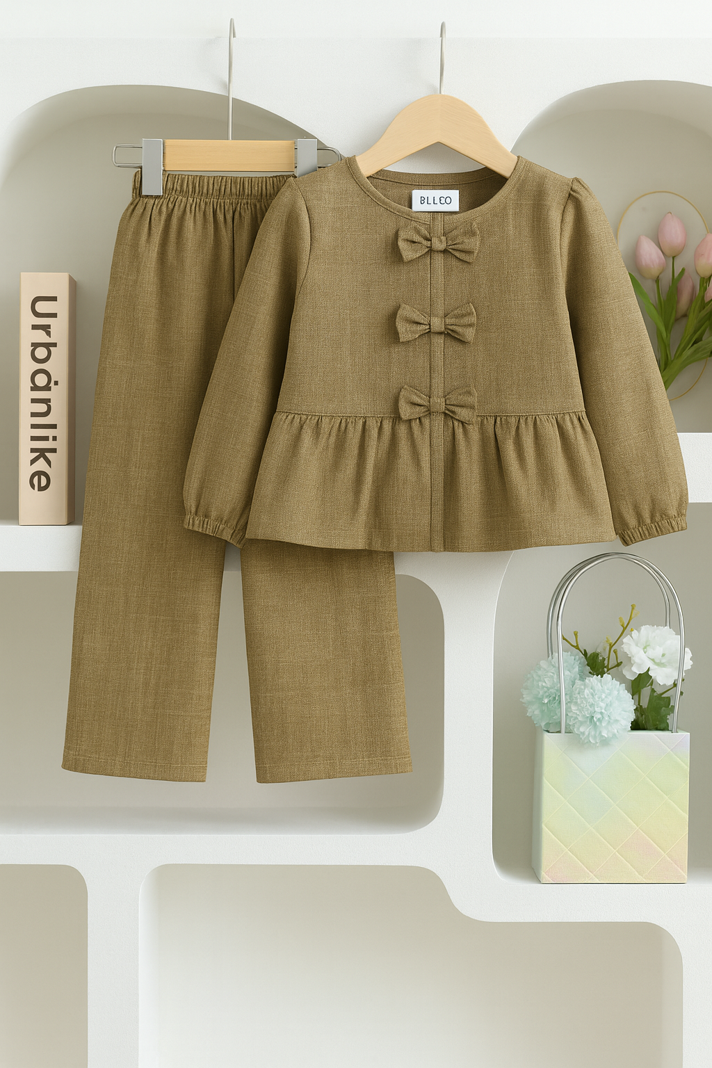 Girls’ Textured Cotton Khaki 3-Bow Peplum Top & Wide-Leg Trouser Set | 4-7 Years