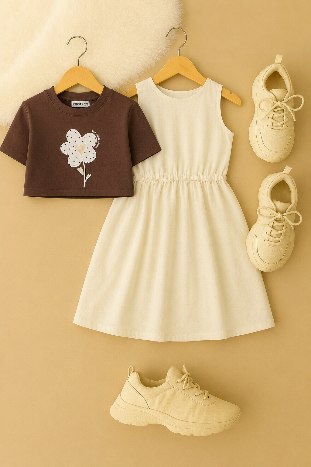 Girls Cream Frock with Brown Flower Crop Tee – 2 Piece Summer Outfit | 4-7 Years