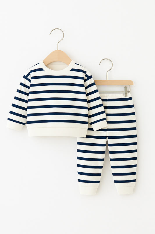 Black & White Striped Kids Co-Ord Set – Soft Cotton Sweatshirt + Jogger Pants | 3-7 Years