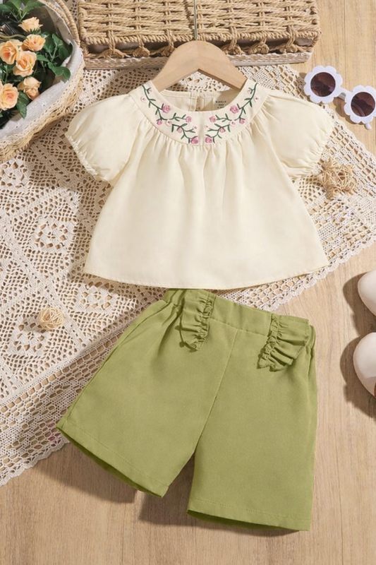 Baby Girls Floral Embroidered Top & Ruffle Shorts Set | 1-3 Years