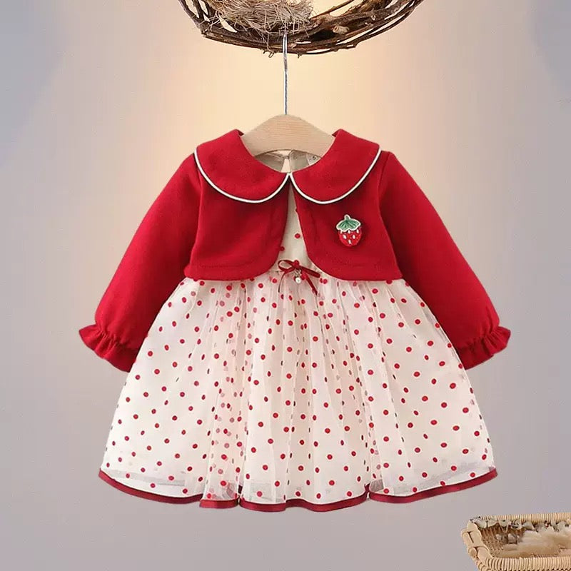 Red Mid Season fabric Korean style Polka dot soft net frock | 9 Month to 3.5 Years