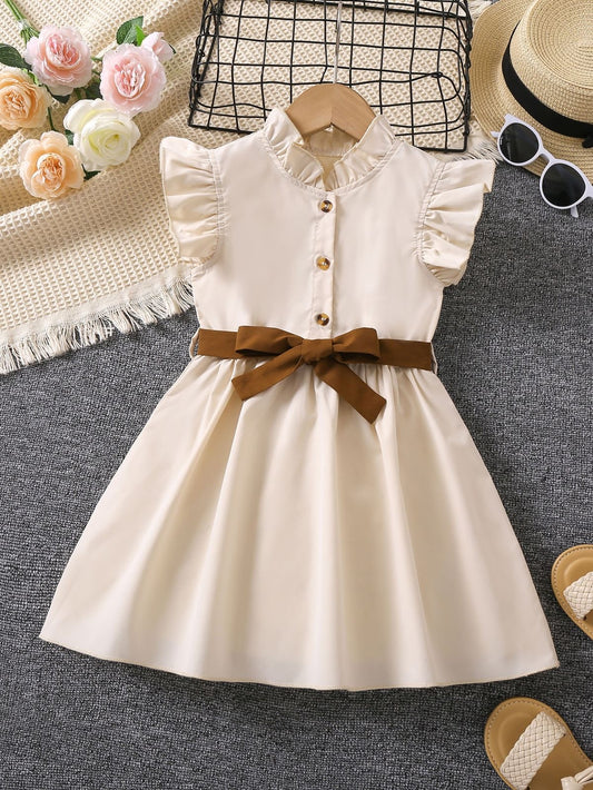 Trendy Khaki Ruffle Frock with Collar with waist belt – Comfy, Stylish & Perfect | 4-7 Years